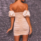 Breast Wrap Bodycon Dress - Strapless Satin Lantern Sleek Short Dress in Solid Colors