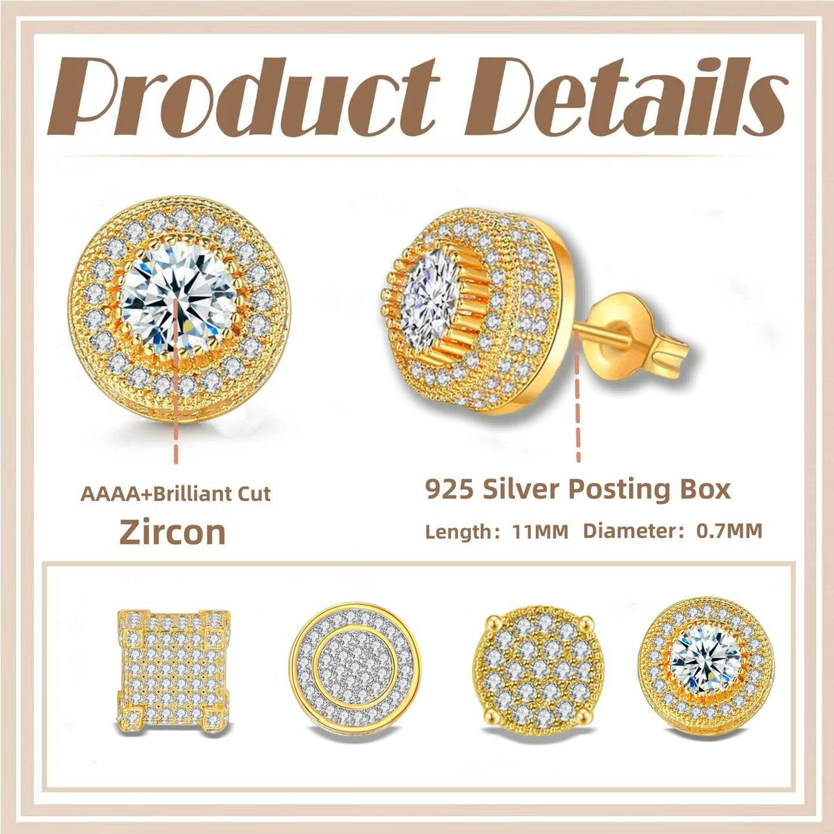 Iced Out CZ 18k Dazzling Stud Earrings, S925 Silver Post, 4 Style Options, Hip Hop Hypoallergenic 4A Cubic Zirconia Bling Studs for Men and Women