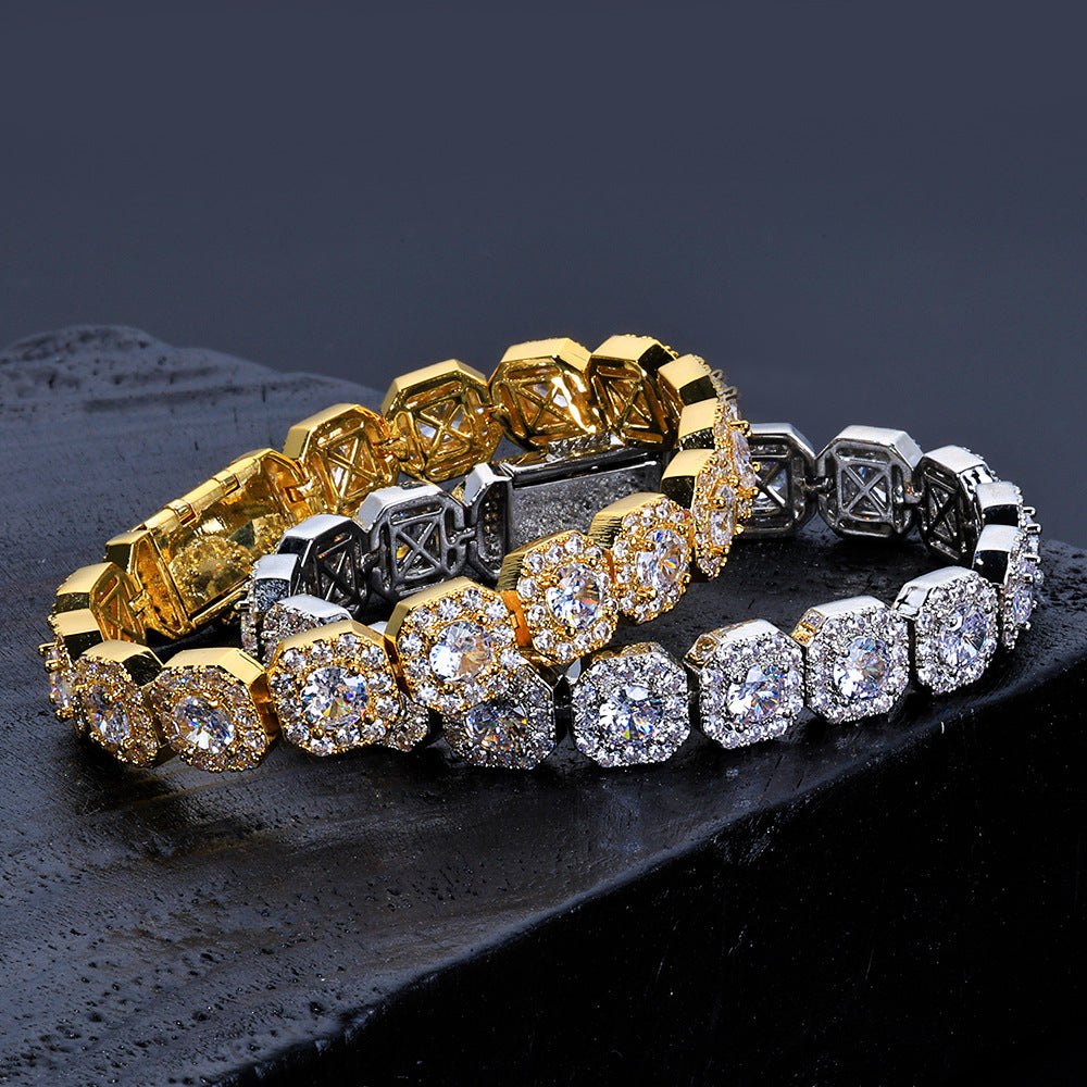 Stacking Geometric Zirconia-Set Hip Hop Chain Bracelet in Gold or White Gold – 10mm or 12mm Width