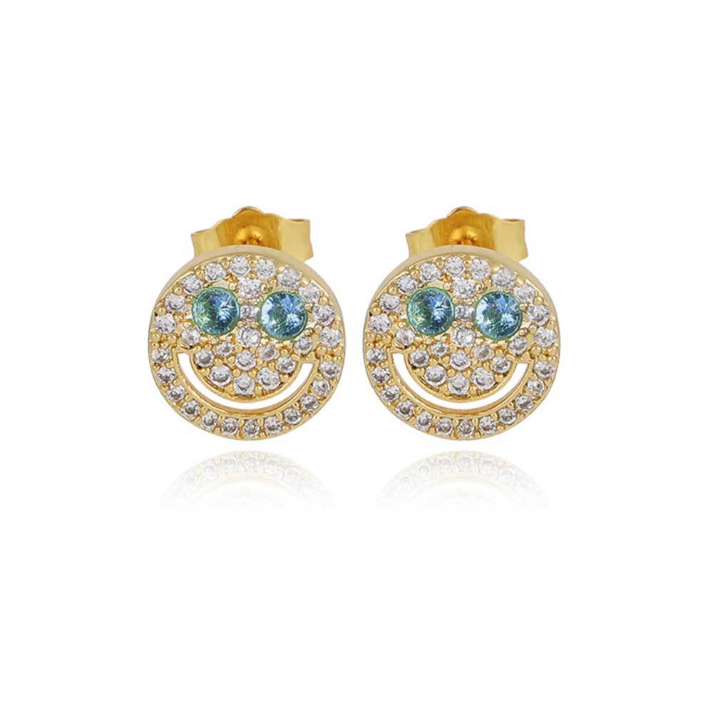 Smiling Face Zirconia Stud Earrings in Gold or White Gold Plated Brass with 925 Sterling Silver Posts