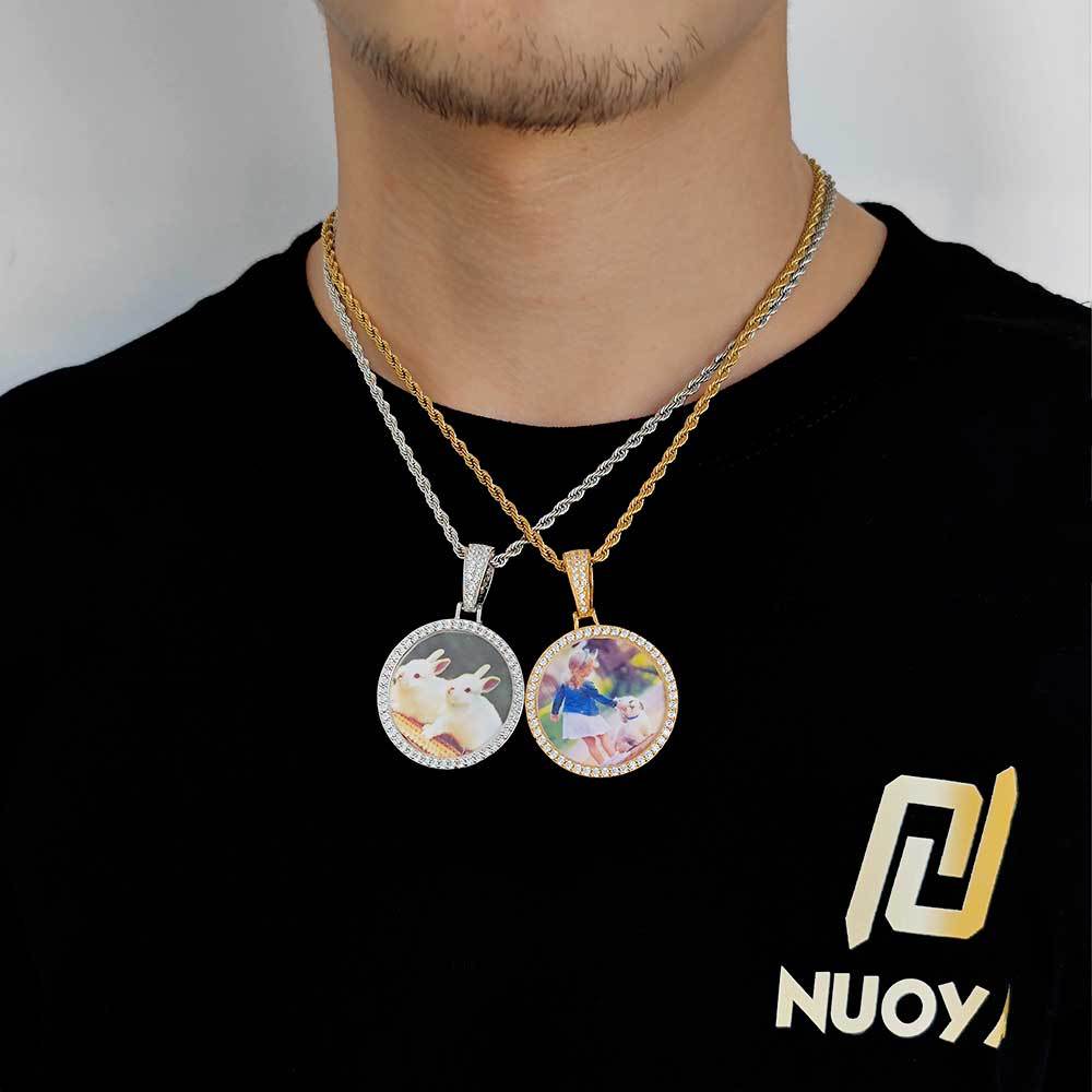 Hip Hop Round Photo Pendant Necklace with Cubic Zirconia in Gold or White Gold