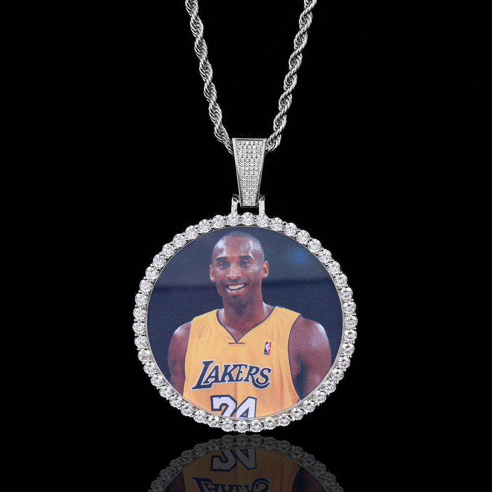 Hip Hop Round Photo Pendant Necklace with Cubic Zirconia in Gold or White Gold