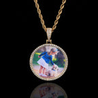 Hip Hop Round Photo Pendant Necklace with Cubic Zirconia in Gold or White Gold