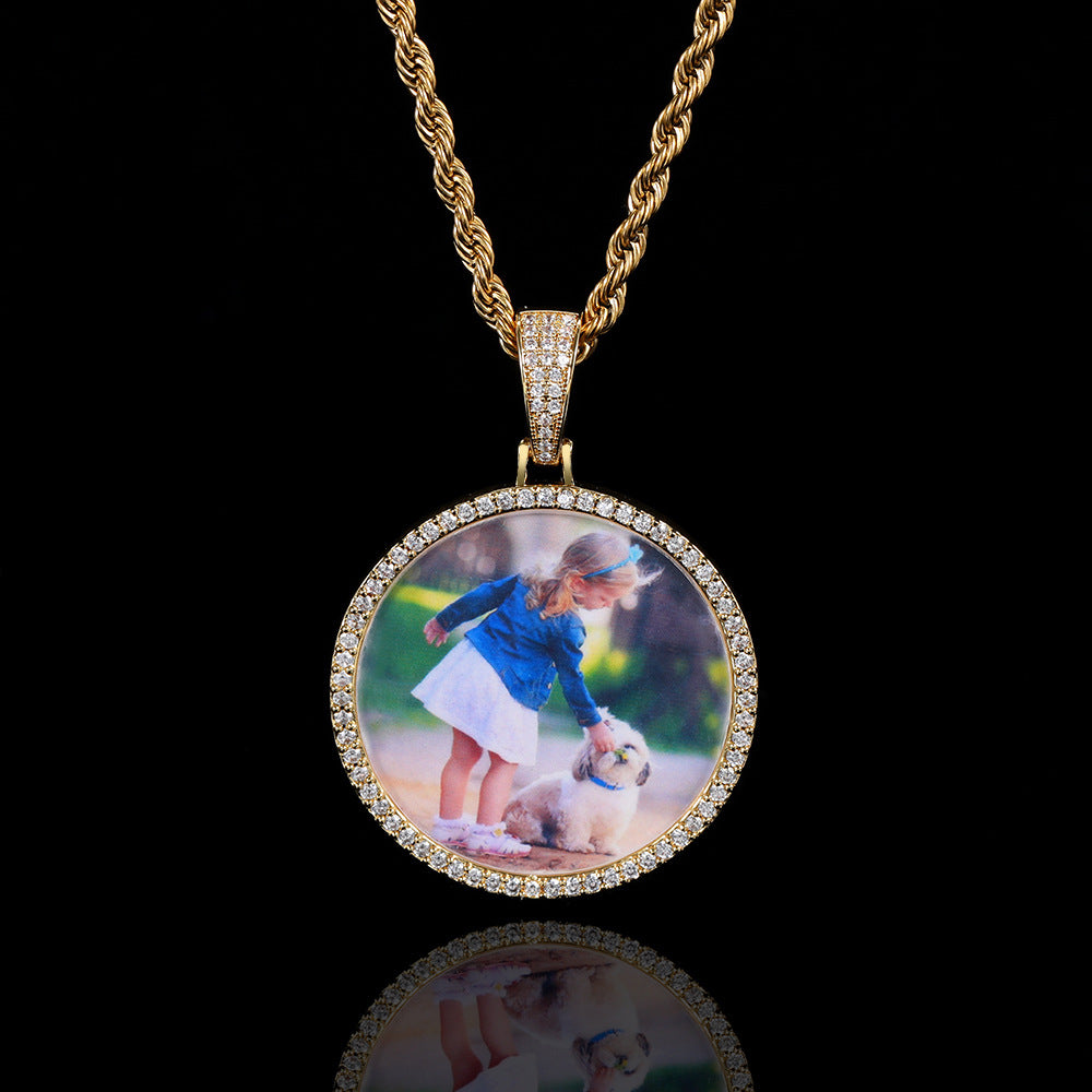 Hip Hop Round Photo Pendant Necklace with Cubic Zirconia in Gold or White Gold