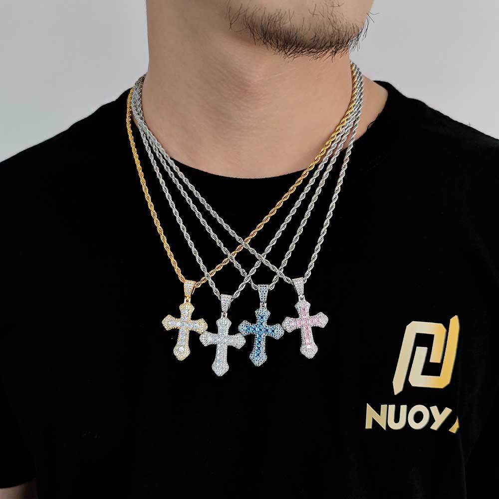 Geometric Cross Pendant Necklace with Cubic Zirconia Stones in Gold, White Gold, or Dual-Tone Finish