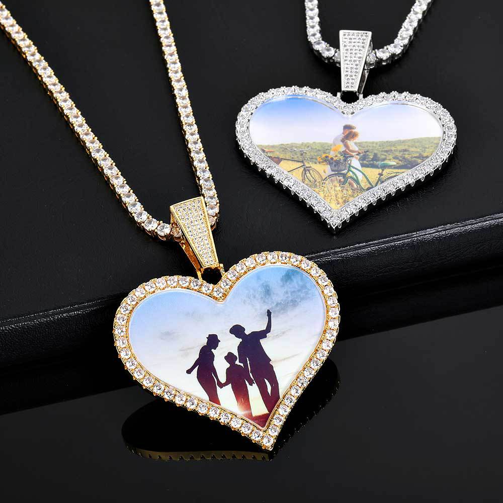 Large Heart Photo Pendant Necklace with Cubic Zirconia Stones in Gold or White Gold