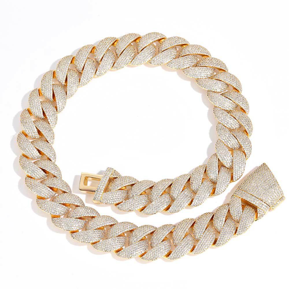 Stacking 24mm Cuban Chain Necklace and Bracelet Set with Zirconia Stones in Gold or White Gold