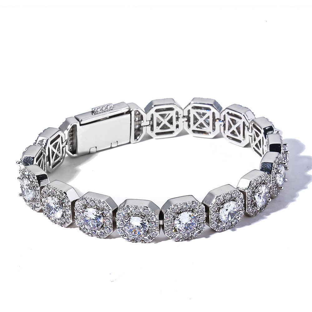 Stacking Geometric Zirconia-Set Hip Hop Chain Bracelet in Gold or White Gold – 10mm or 12mm Width