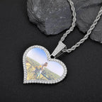 Large Heart Photo Pendant Necklace with Cubic Zirconia Stones in Gold or White Gold