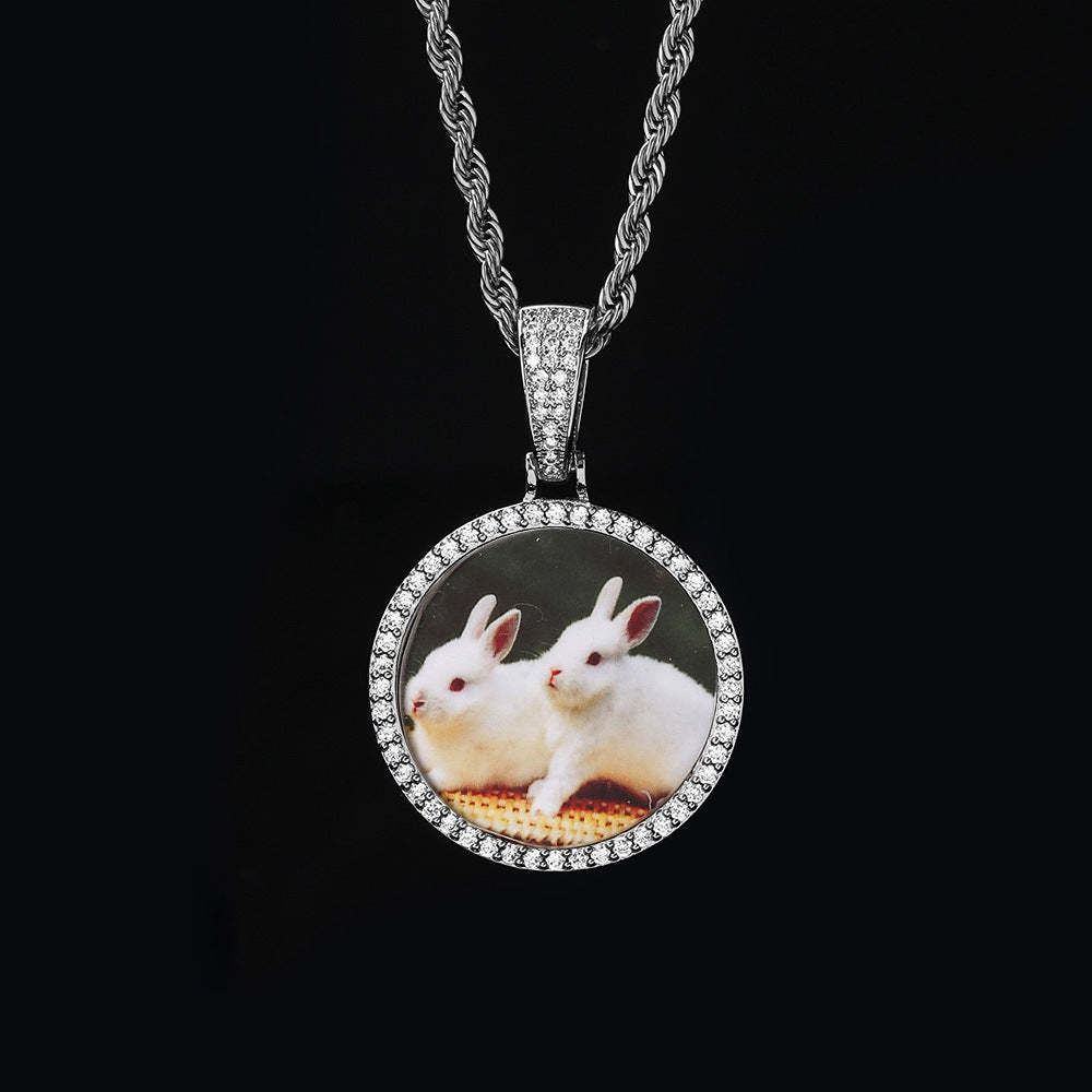 Hip Hop Round Photo Pendant Necklace with Cubic Zirconia in Gold or White Gold