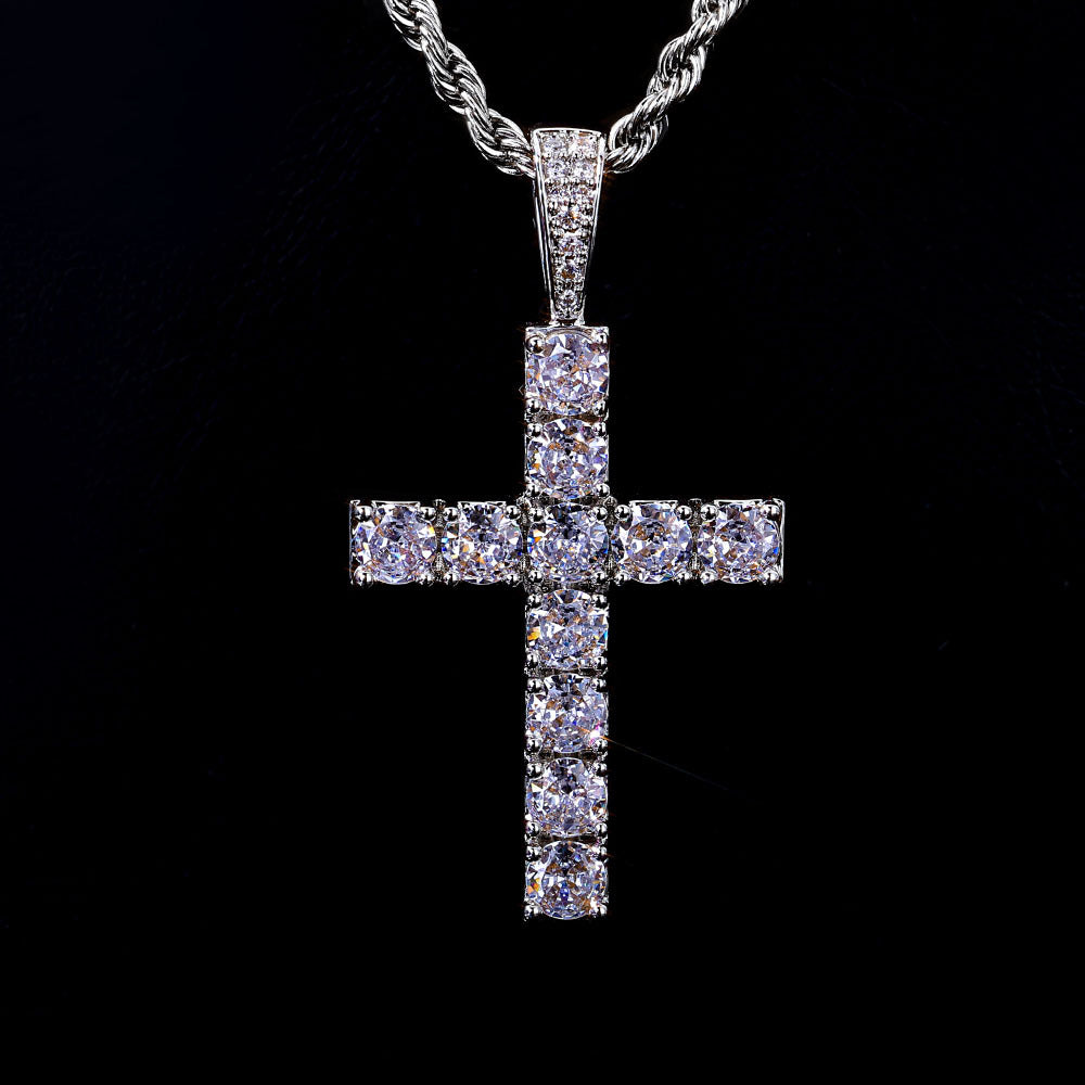 Oversized Hip Hop Cross Necklace for Men – White Gold Plated Copper with Cubic Zirconia Stones