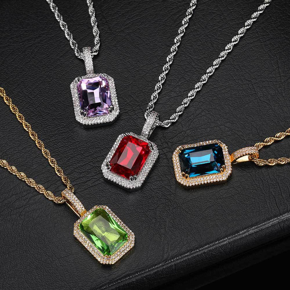 Geometric Hip Hop Necklace with Cubic Zirconia Stones in Gold or White Gold