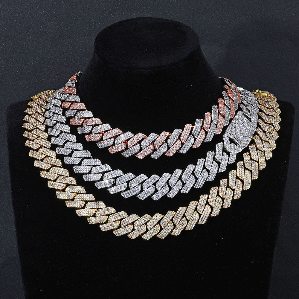 Triple-Row Diamond-Cut Cuban Chain Necklace with Cubic Zirconia Accents – Bold Hip Hop Style