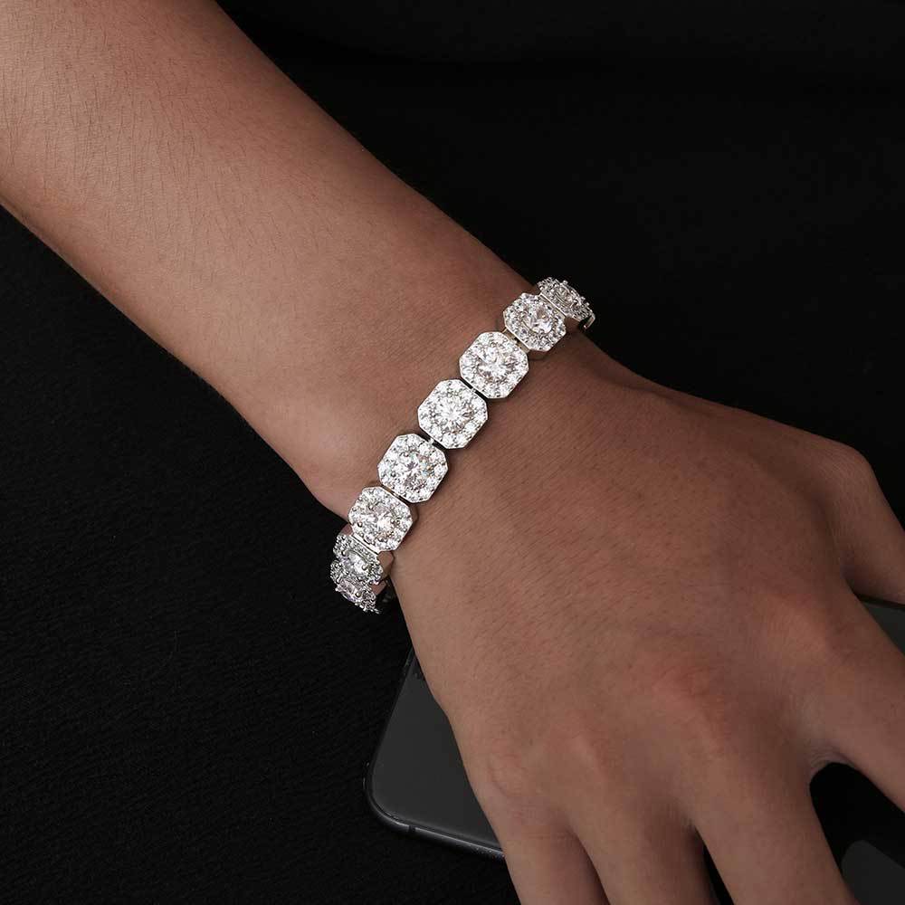 Stacking Geometric Zirconia-Set Hip Hop Chain Bracelet in Gold or White Gold – 10mm or 12mm Width