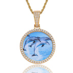 Hip Hop Round Photo Pendant Necklace with Cubic Zirconia in Gold or White Gold