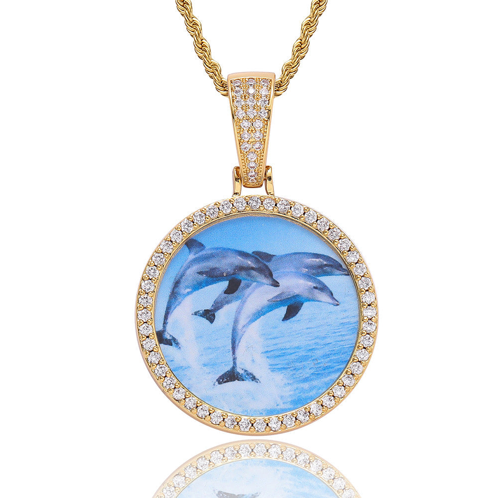 Hip Hop Round Photo Pendant Necklace with Cubic Zirconia in Gold or White Gold