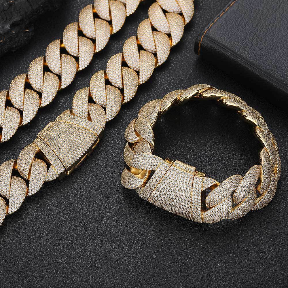 Stacking 24mm Cuban Chain Necklace and Bracelet Set with Zirconia Stones in Gold or White Gold