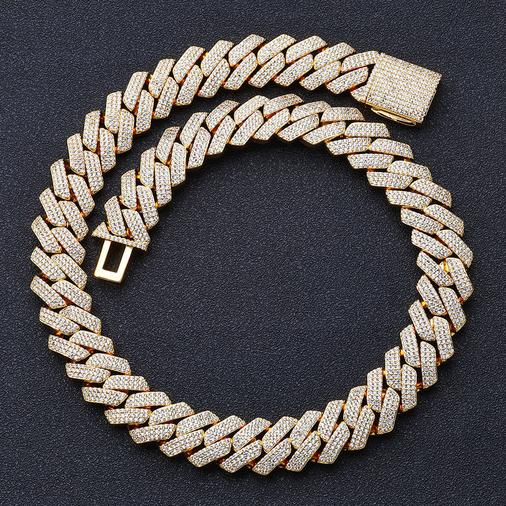 Triple-Row Diamond-Cut Cuban Chain Necklace with Cubic Zirconia Accents – Bold Hip Hop Style