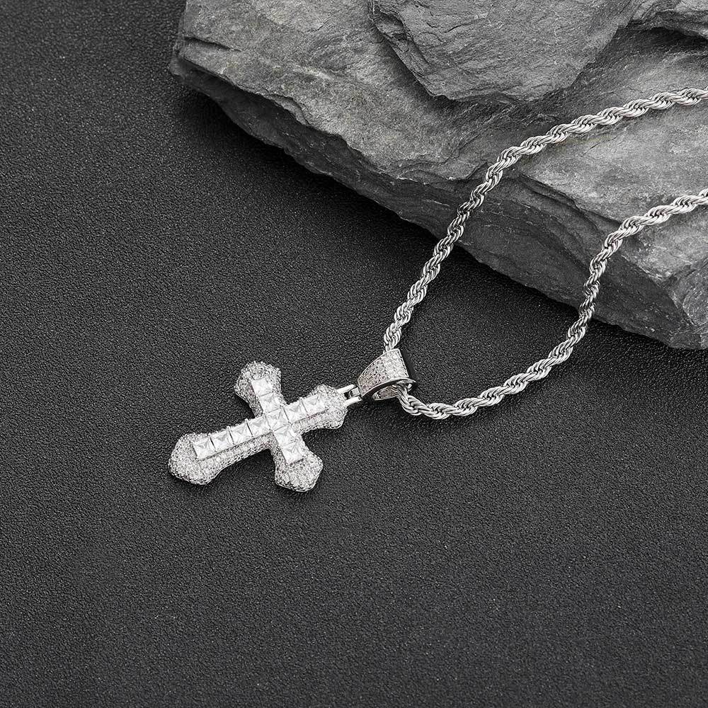 Geometric Cross Pendant Necklace with Cubic Zirconia Stones in Gold, White Gold, or Dual-Tone Finish