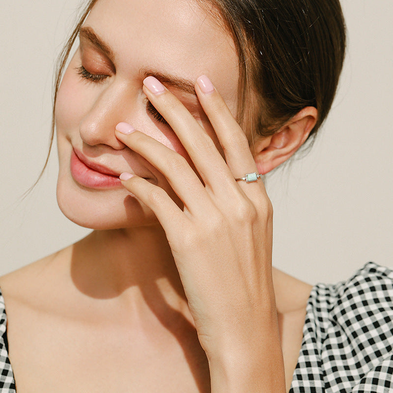 Stacking Geometric Opal Stud Earrings & Sterling Silver Ring Set in Modern Minimalist Design