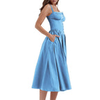 Floral Midi Corset Dress with Square Neck - Women's Smocked Lace-Up Sundress for Wedding Guest & Beach Holiday Parties