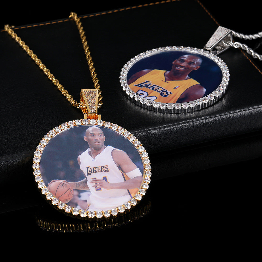 Oversized Round Photo Pendant Necklace with Cubic Zirconia Accents in White Gold