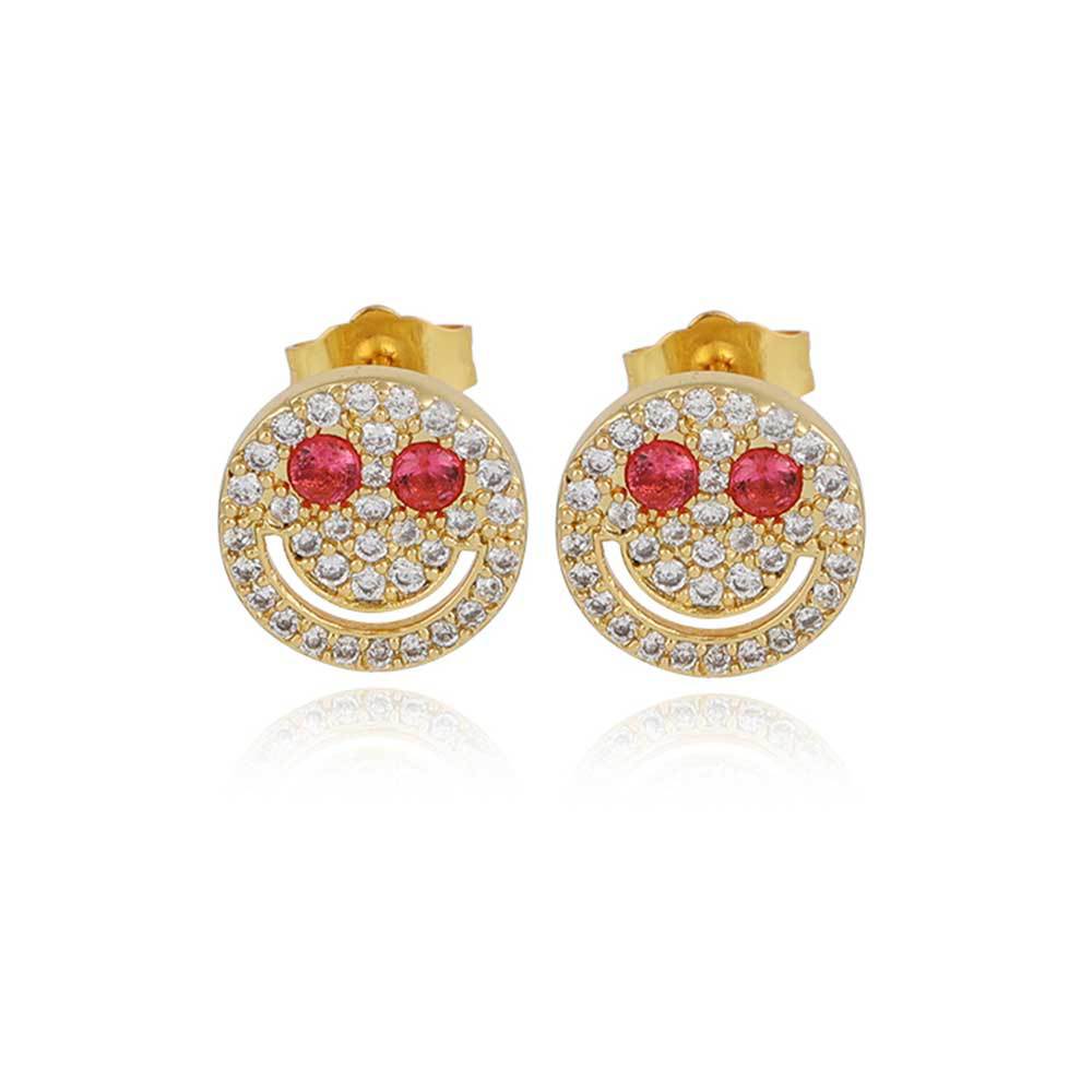 Smiling Face Zirconia Stud Earrings in Gold or White Gold Plated Brass with 925 Sterling Silver Posts