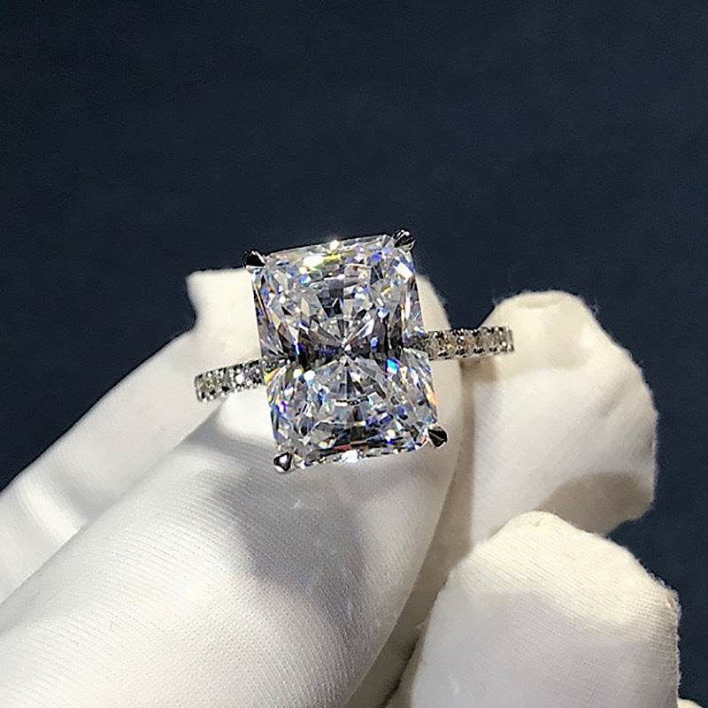 Stunning Radiant Cut CZ Ring, Cubic Zirconia with Pave Band, White Gold Plated Dainty Ring Jewelry for Part Men Women