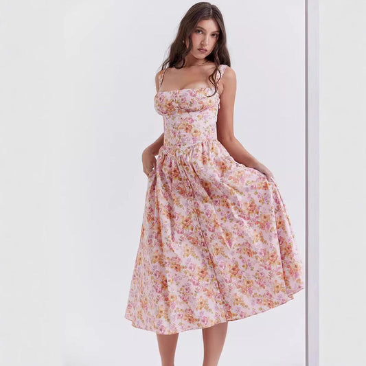 Floral Printed French Lace-Up Halter Dress - Sleeveless Spaghetti Strap Holiday Party Dress with Suspender Detail