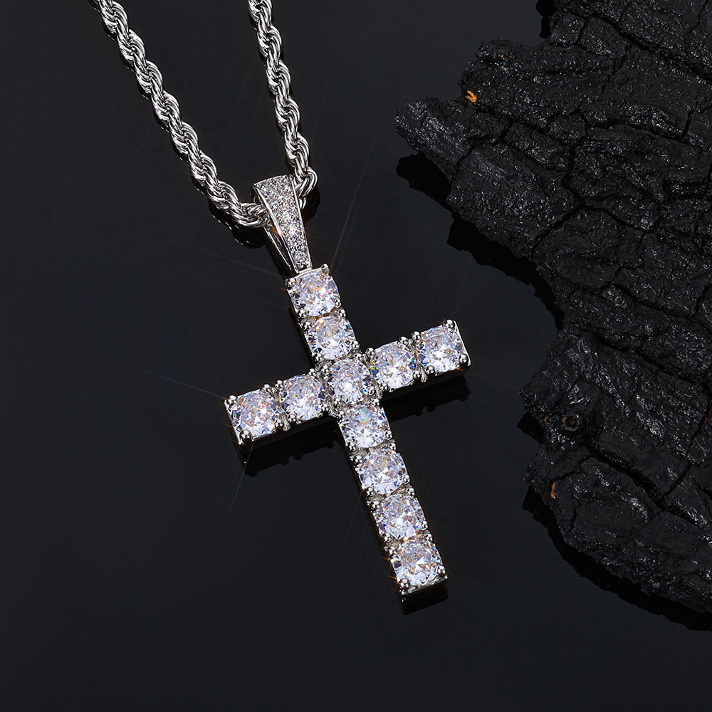 Oversized Hip Hop Cross Necklace for Men – White Gold Plated Copper with Cubic Zirconia Stones