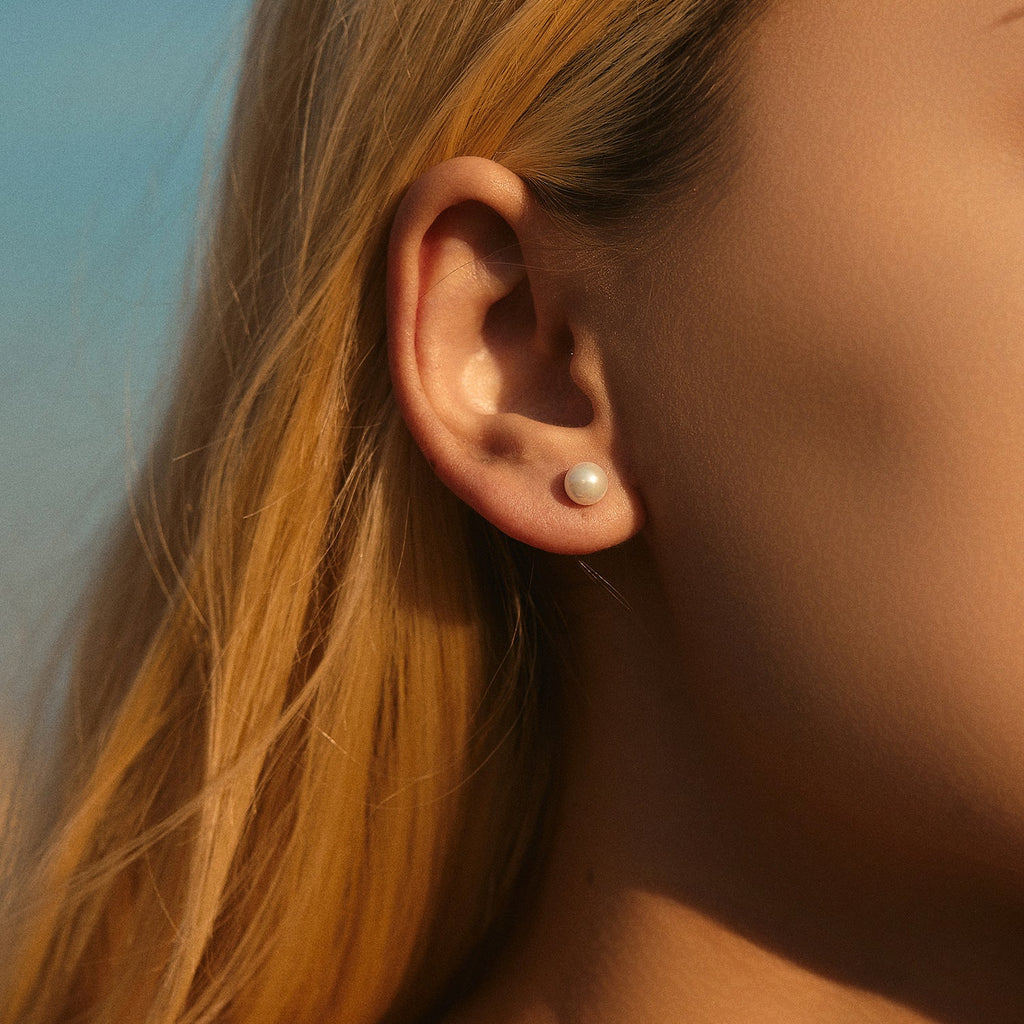 Geometric Pearl Stud Earrings in Sterling Silver with Clear Crystal Accents