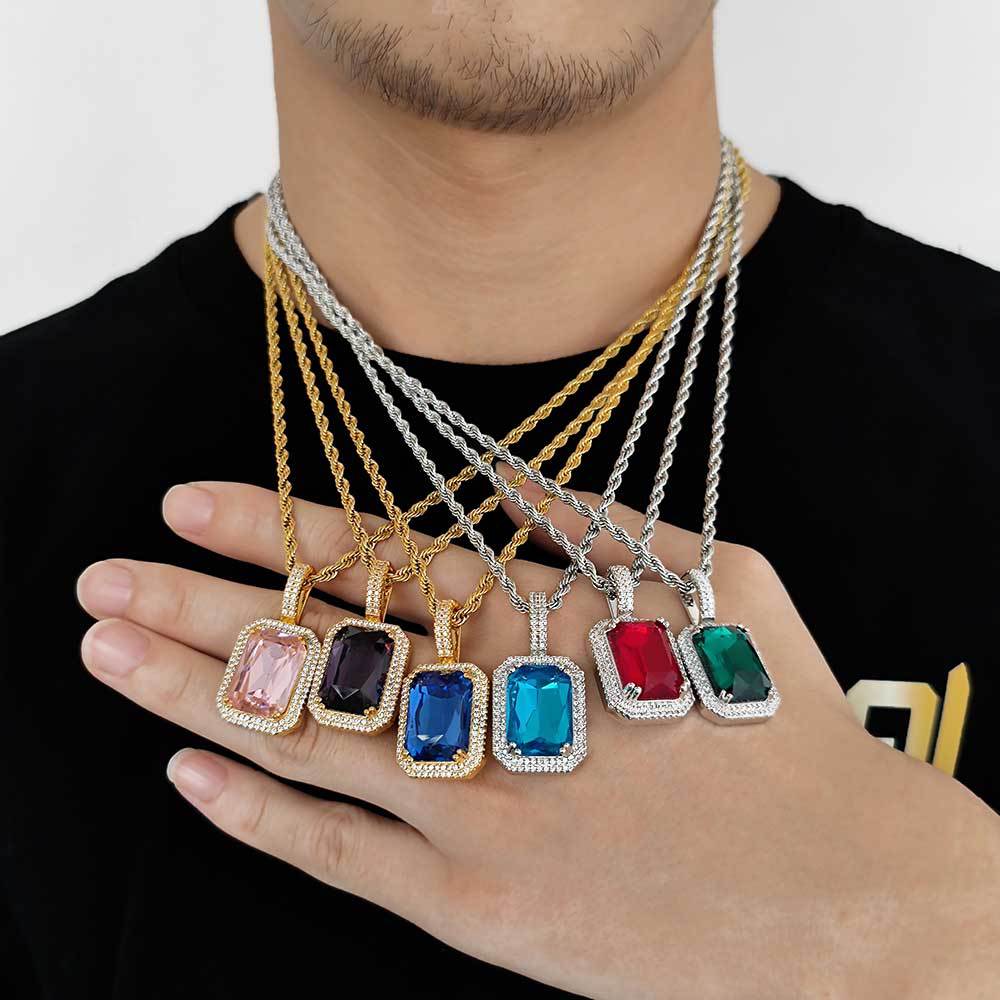 Geometric Hip Hop Necklace with Cubic Zirconia Stones in Gold or White Gold