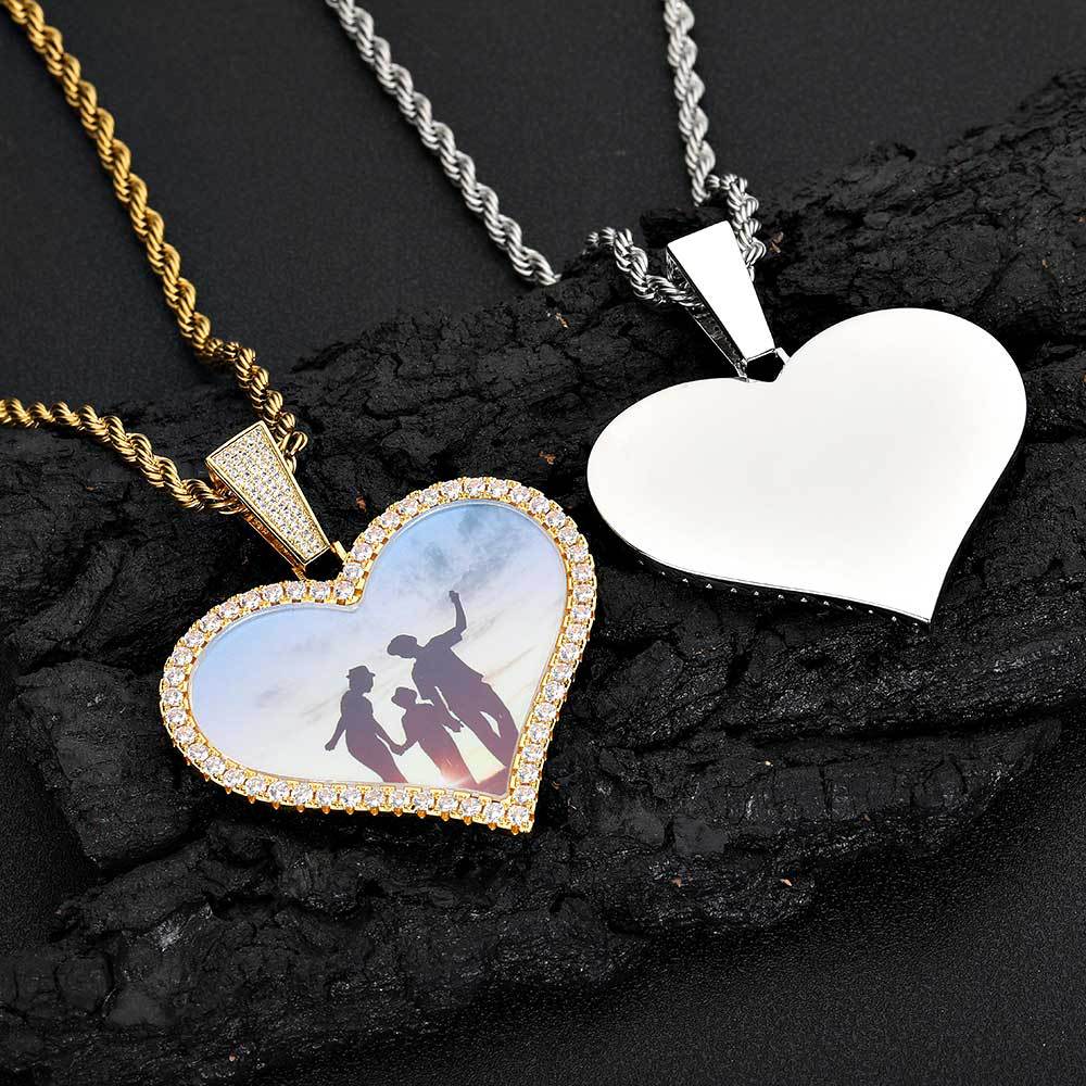 Large Heart Photo Pendant Necklace with Cubic Zirconia Stones in Gold or White Gold