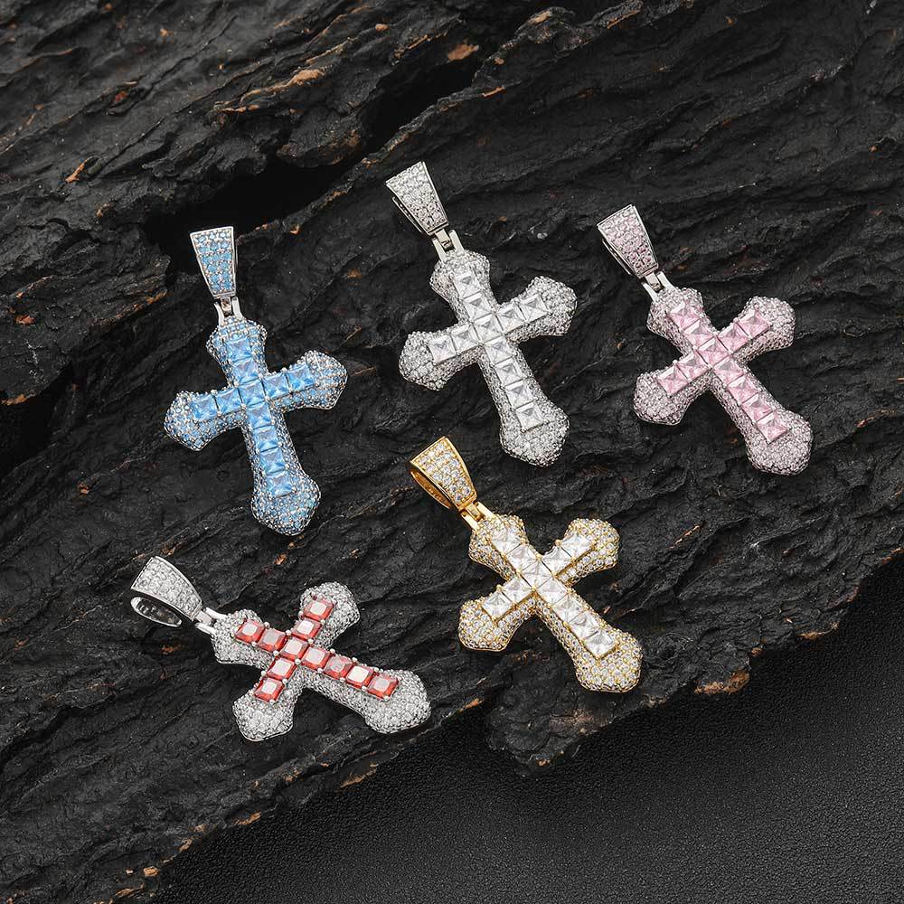 Geometric Cross Pendant Necklace with Cubic Zirconia Stones in Gold, White Gold, or Dual-Tone Finish