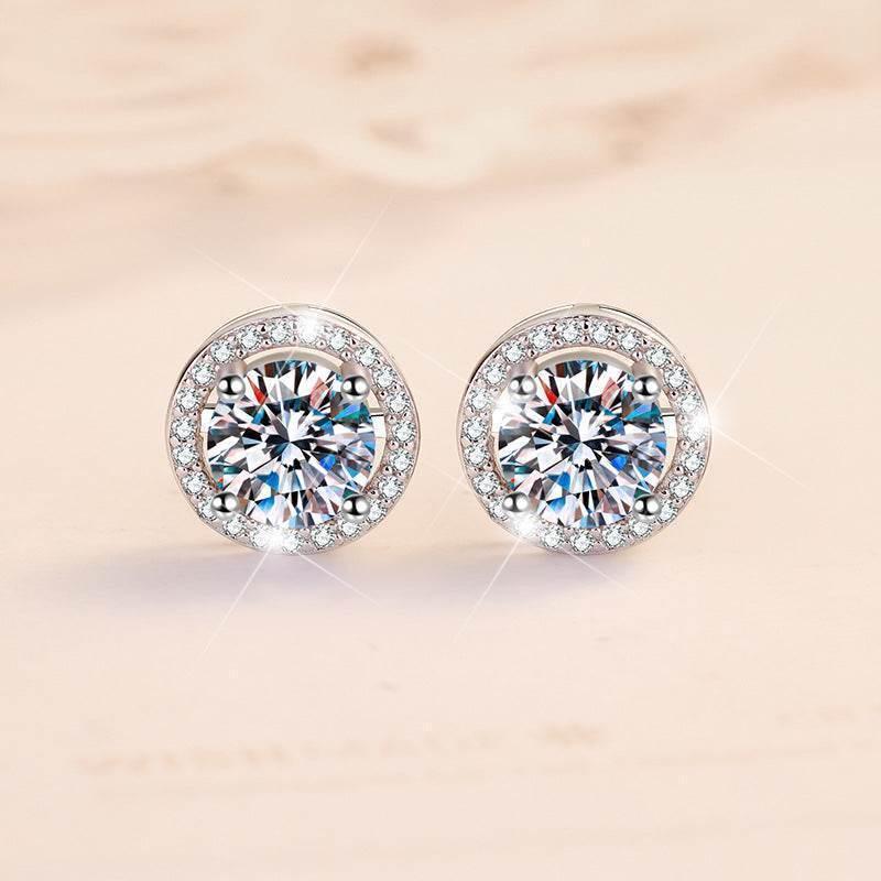 S925 White Moissanite Halo Stud Earrings, Sterling Silver D-Grade VVS Round-Cut Certificated Moissanite Jewelry for Men & Women, Simple & Stylish Gift for Wedding, Birthday, Anniversary