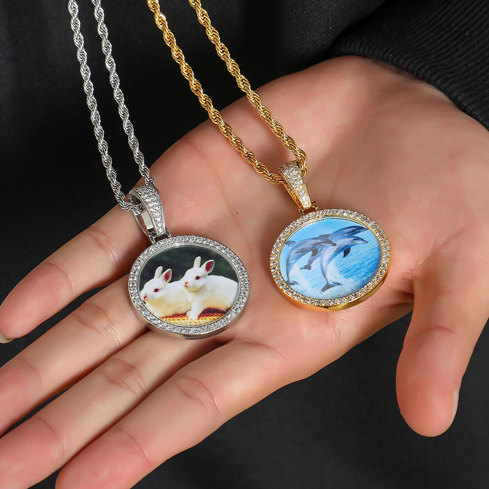 Hip Hop Round Photo Pendant Necklace with Cubic Zirconia in Gold or White Gold