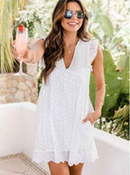 Lace jacquard hollowed V-neck dress