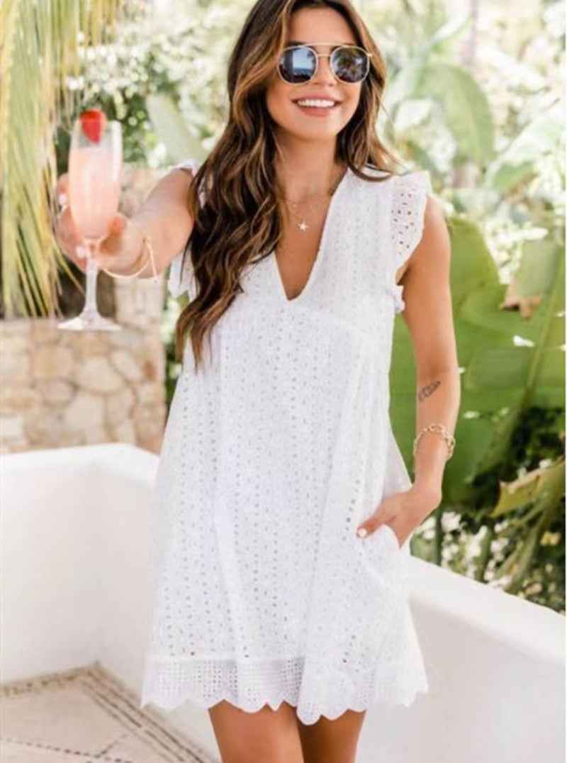 Lace jacquard hollowed V-neck dress
