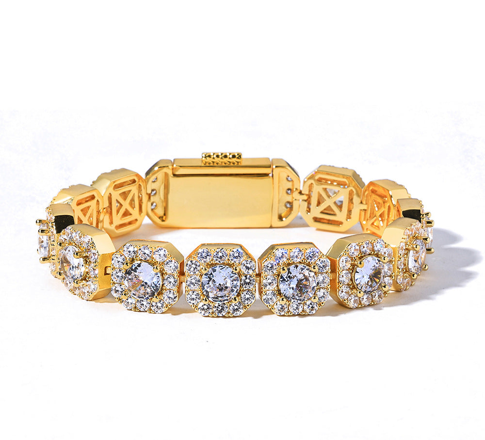 Stacking Geometric Zirconia-Set Hip Hop Chain Bracelet in Gold or White Gold – 10mm or 12mm Width