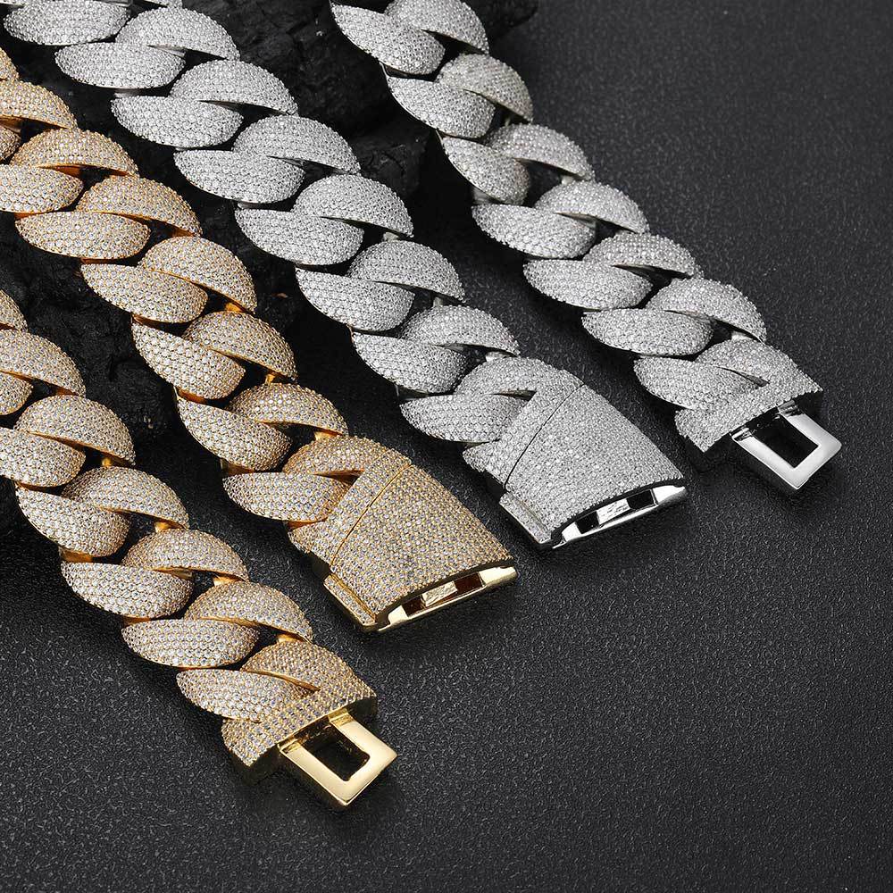 Stacking 24mm Cuban Chain Necklace and Bracelet Set with Zirconia Stones in Gold or White Gold