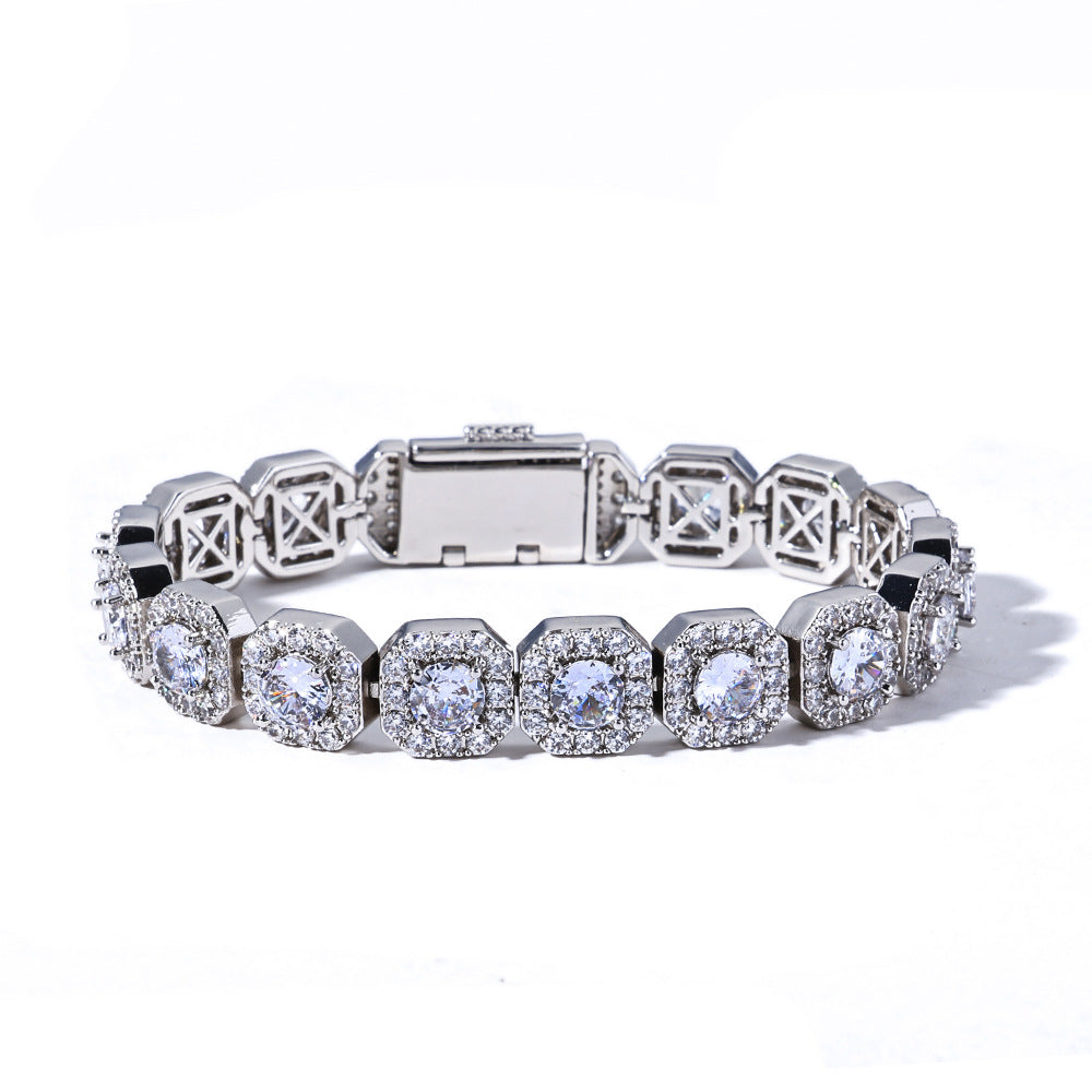 Stacking Geometric Zirconia-Set Hip Hop Chain Bracelet in Gold or White Gold – 10mm or 12mm Width