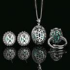 Nest Cut Para Green Oval CZ Halo Jewelry Set, 5A Cubic Zirconia, White Gold Necklace, Earrings, Adjustable Ring, Dainty Luxe