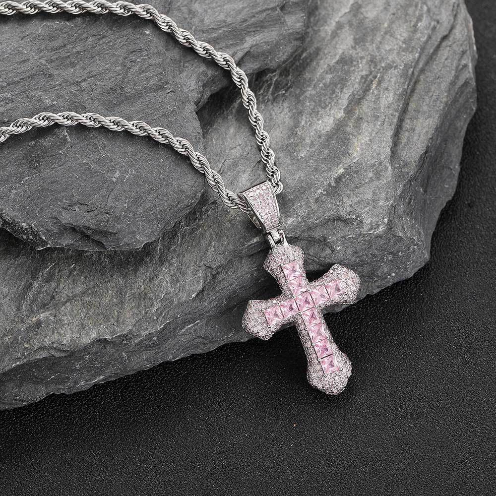 Geometric Cross Pendant Necklace with Cubic Zirconia Stones in Gold, White Gold, or Dual-Tone Finish