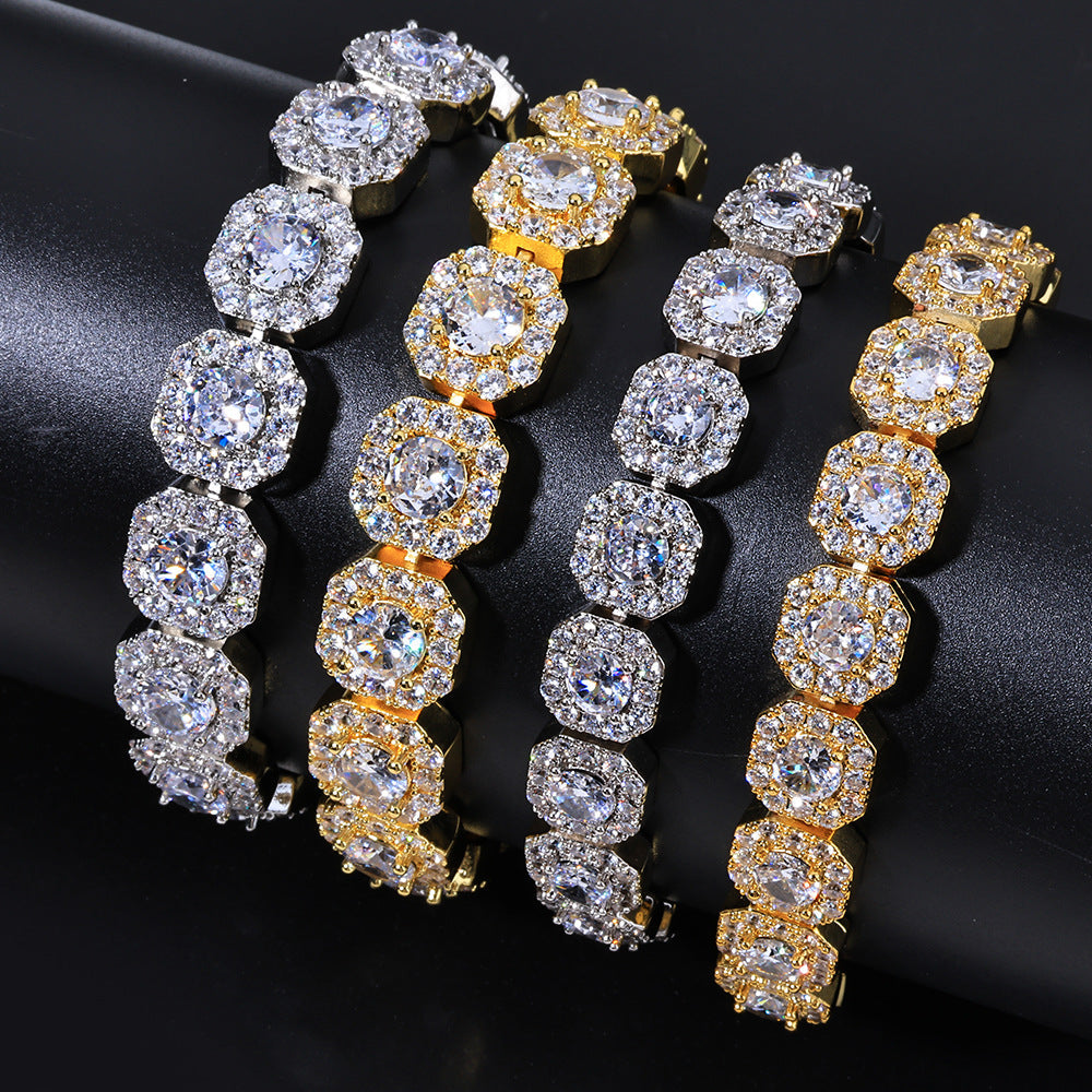 Stacking Geometric Zirconia-Set Hip Hop Chain Bracelet in Gold or White Gold – 10mm or 12mm Width