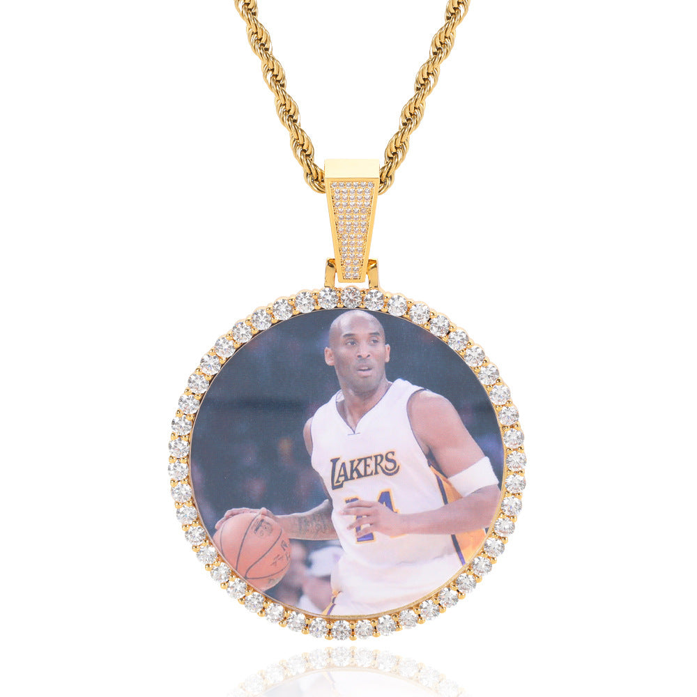 Hip Hop Round Photo Pendant Necklace with Cubic Zirconia in Gold or White Gold