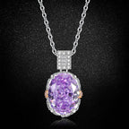 Multicolor Ice Flower Cut Oval CZ Pendant Necklace, 10*14mm 8A Cubic Zirconia, Two-Tone Pave CZ Halo with Pavé Top Frame, Adjustable Chain, Dainty Luxe