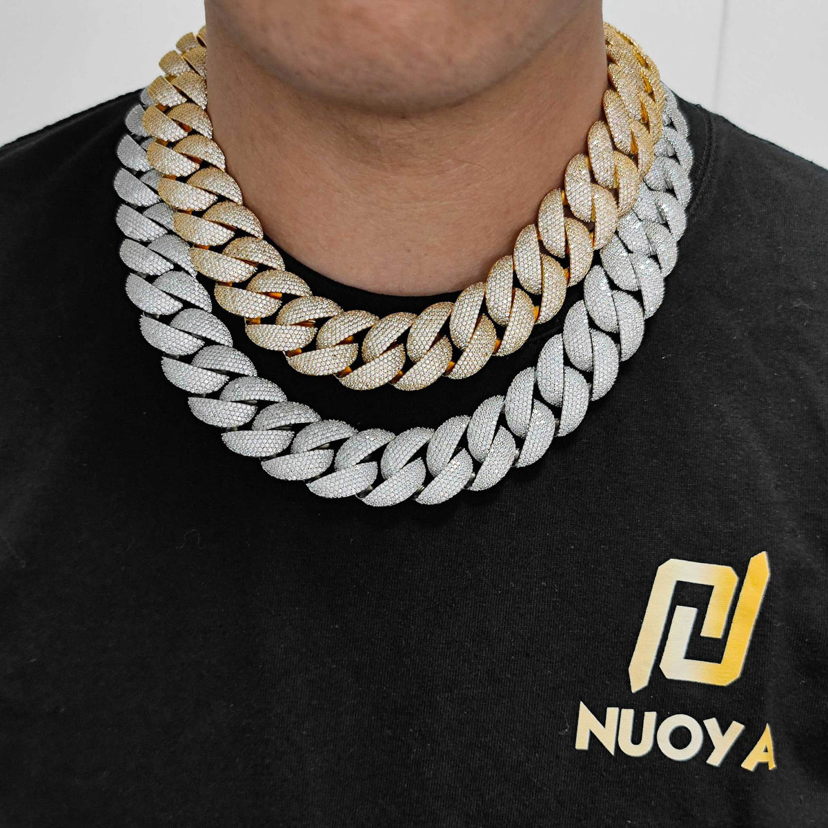 Stacking 24mm Cuban Chain Necklace and Bracelet Set with Zirconia Stones in Gold or White Gold