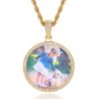 Hip Hop Round Photo Pendant Necklace with Cubic Zirconia in Gold or White Gold