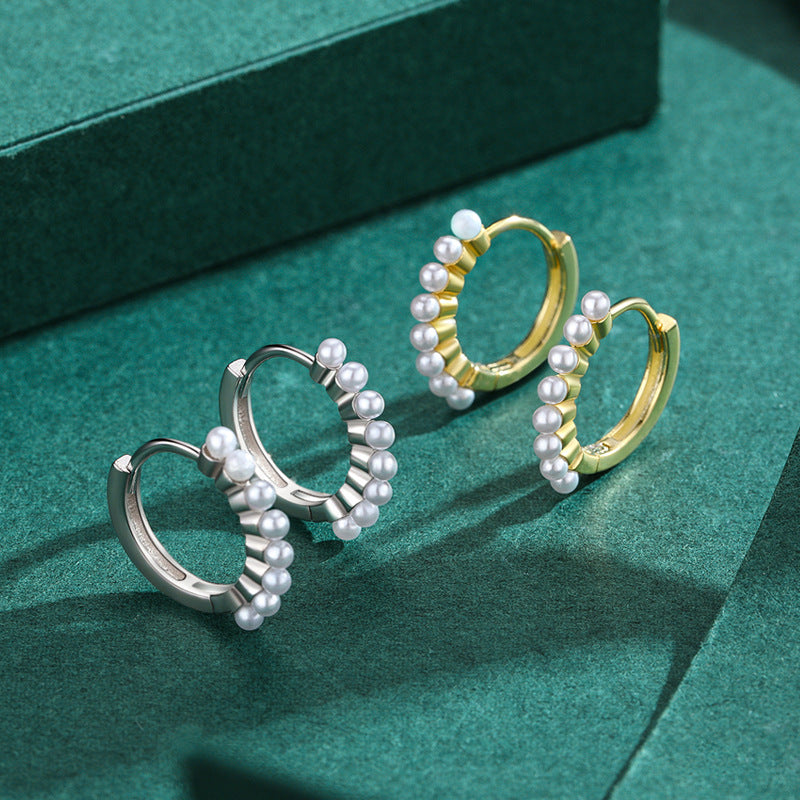 Minimalist Sterling Silver Pearl Hoop Earrings with Geometric Design