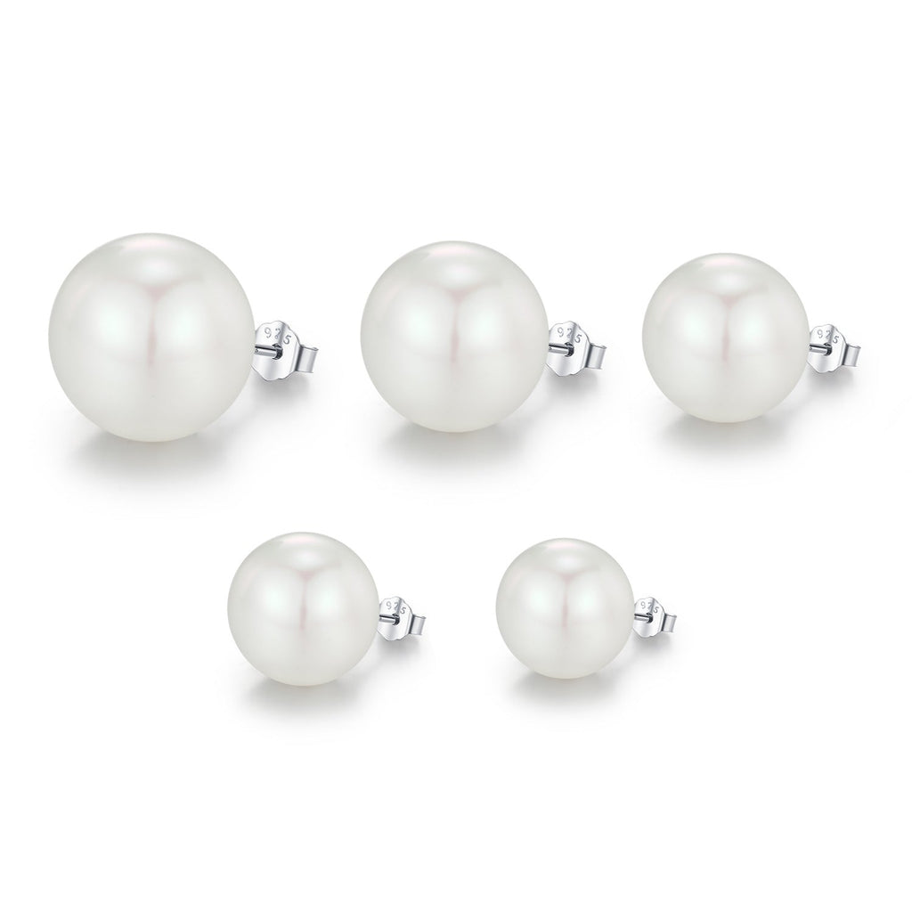 Geometric Pearl Stud Earrings in Sterling Silver with Clear Crystal Accents
